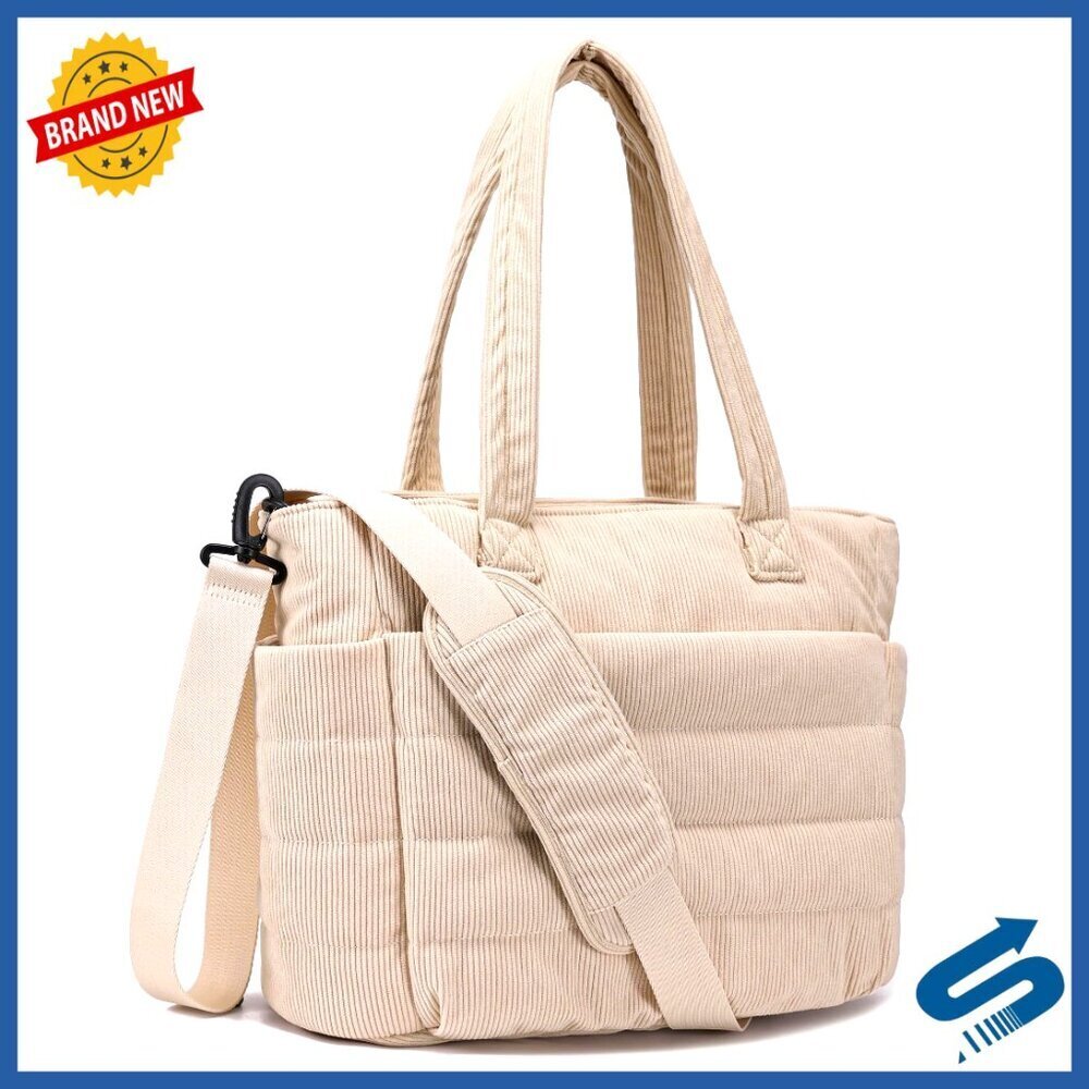 Quilted Corduroy Tote Bag with Laptop Sleeve, Crossbody Strap, Multiple Pockets